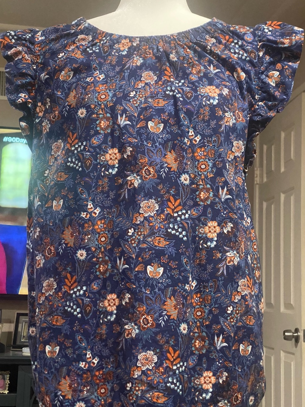LOFT Navy Floral Flutter Sleeve Peasant Top with Orange Accents